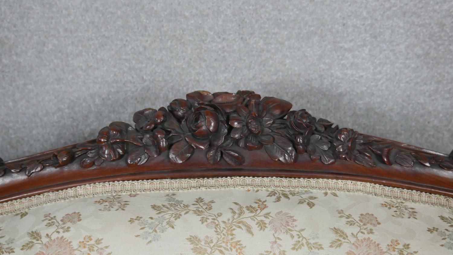 A 19th century carved mahogany canape in floral upholstery with four cabriole front supports. H.99 - Image 5 of 8