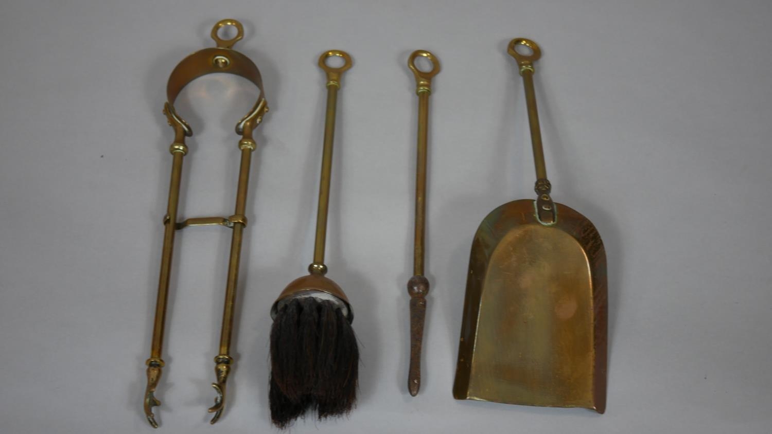 A brass fireside companion set, two trivets and various brass items. H.58cm (companion set) - Image 9 of 10