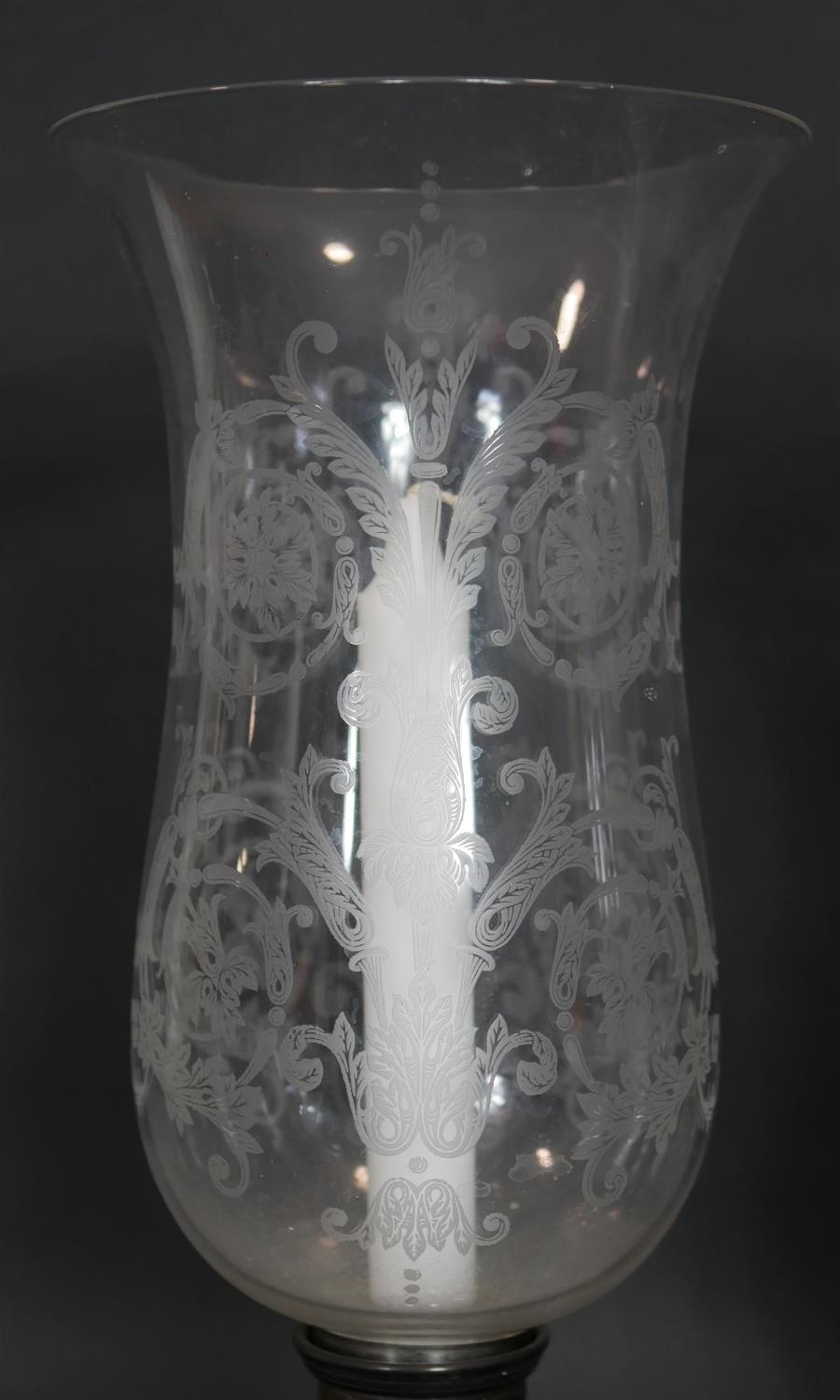 A pair of C.1900 etched glass storm lanterns on silver plated stands marked Sheffield to the base. - Image 2 of 5