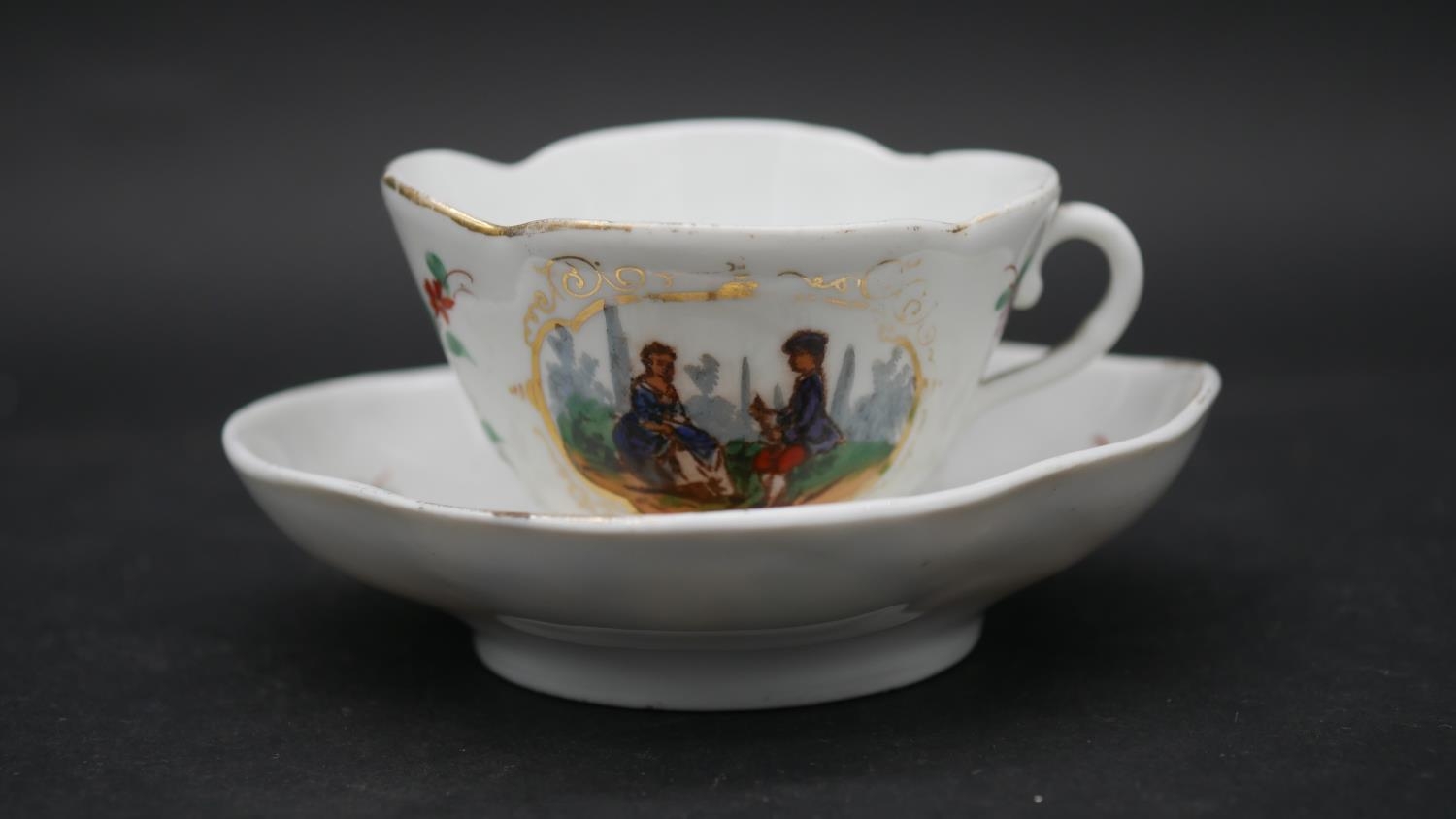 Various items of Dresden and Continental hand painted porcelain to include two cups with saucers, - Image 6 of 21