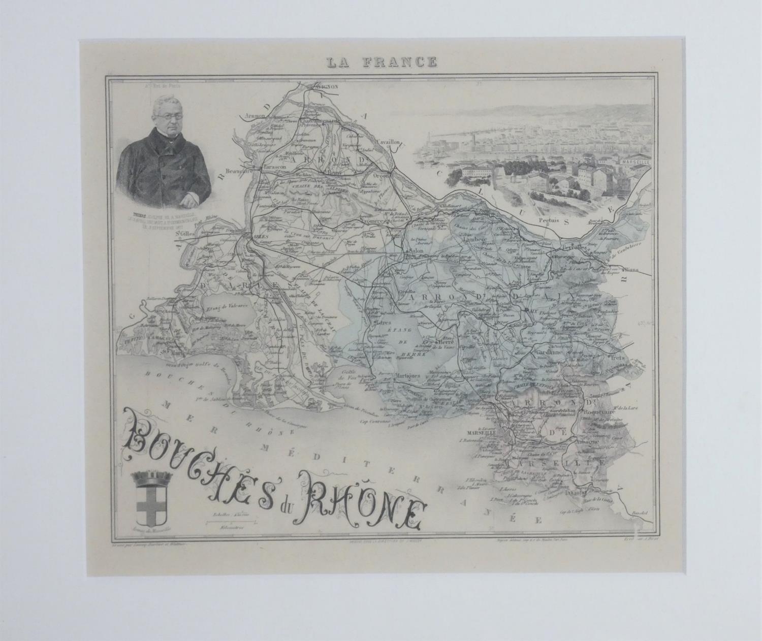 A Framed and glazed antique map of Bouches Du Rhone. Gravé par Barbier and Waltner. Illustrated