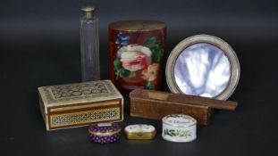 A collection of boxes and silver. Including an antique set of carved bone dominos, a silver circular