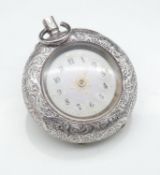 An Swiss engraved silver ladies fob watch. Swiss hallmarks. It has a pale pink gilded enamel
