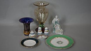 A collection of glass and ceramics. Including a blown Art Glass vase with tri colour design, a