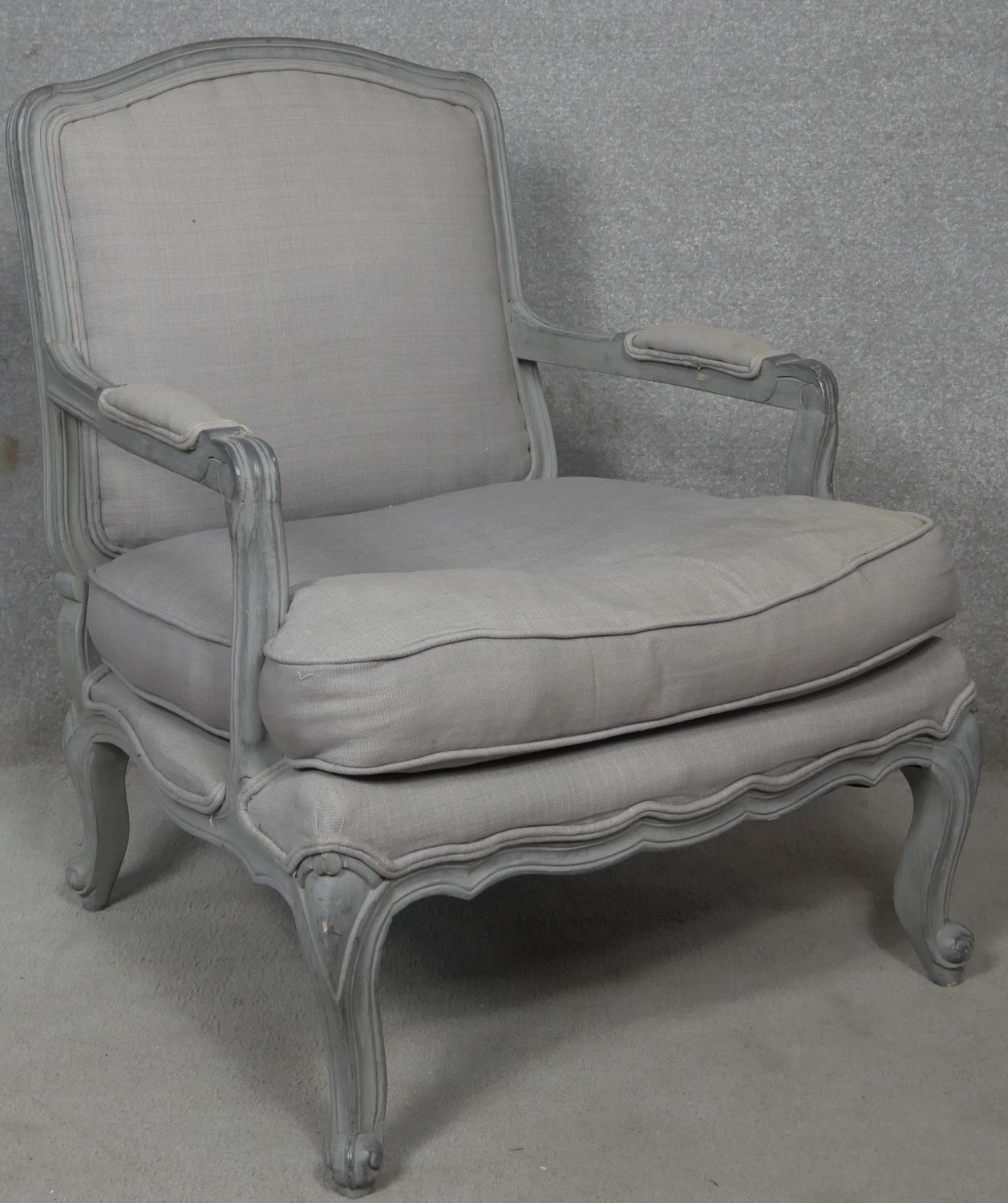 A painted Louis XV style armchair in double piped calico upholstery on carved scrolling cabriole - Image 2 of 5