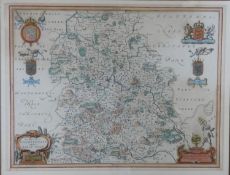 A framed and glazed antique hand coloured map of Shropshire. Comitatus Salopiensis, Shropshire. By