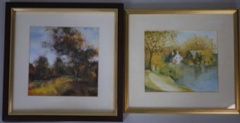 A framed and glazed oil on board of a landscape, indistinctly signed along with a framed and