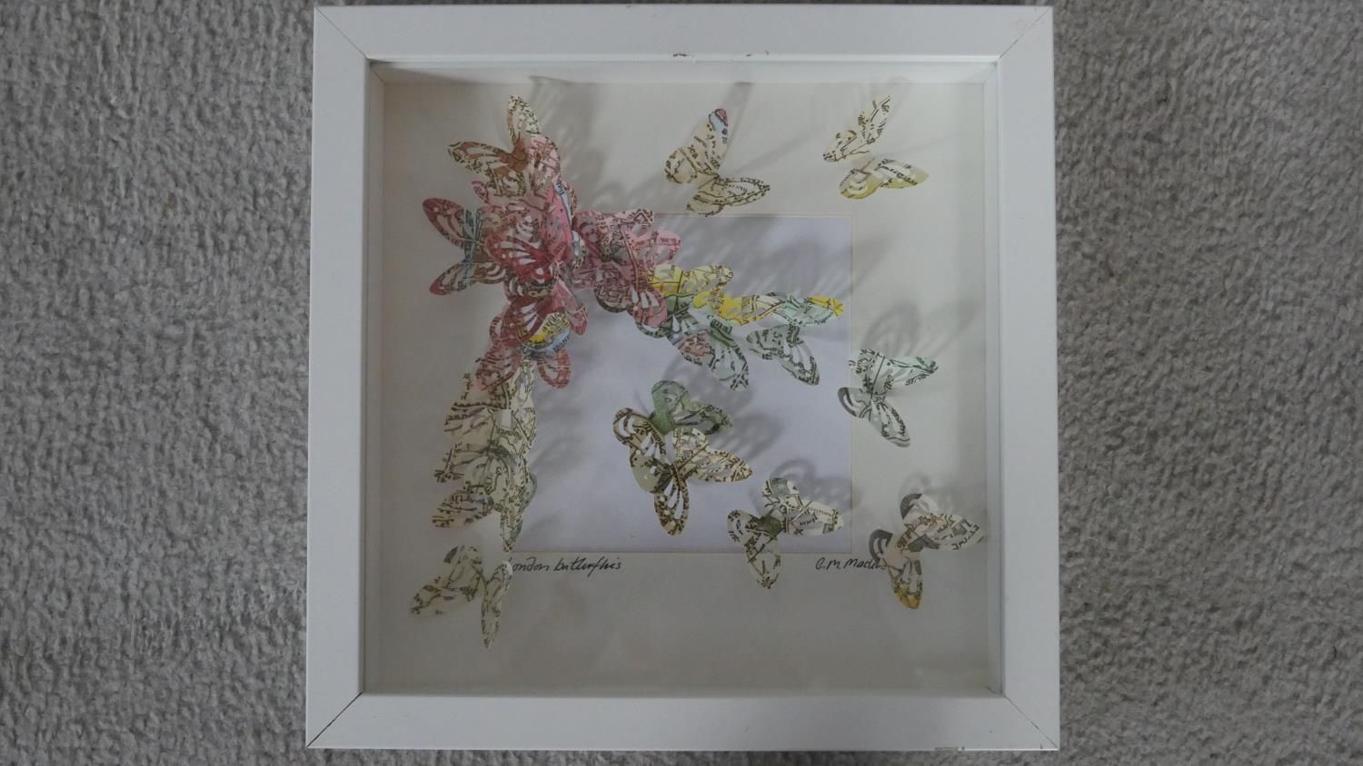 Three framed and glazed butterfly artworks. Two mixed media paper cut signed artworks of butterflies - Image 3 of 12