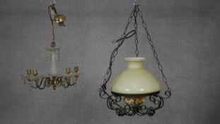 A glass and brass five branch chandelier and an antique glass hanging lamp. D.50cm (Largest)