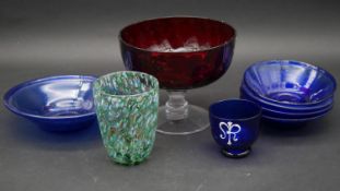 A miscellaneous collection of Art Glass to include a ruby glass comport. H.15cm (Tallest)