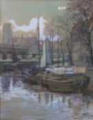 A framed and glazed watercolour, barges by a quay, signed P Tack and dated 1950. H.60 W.48