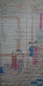 A large Chinese hand painted scroll of ladies in a temple, one being fanned by a servant with