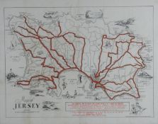 A framed and glazed vintage map of Jersey by the Jersey Transport Company. With illustrated details.