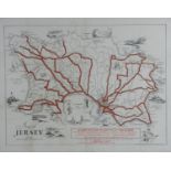 A framed and glazed vintage map of Jersey by the Jersey Transport Company. With illustrated details.