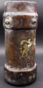 A leather artillery shell case bearing Royal coat of arms and with impressed marks to the base. H.