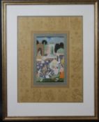 An Indian watercolour on silk, bathers at a Royal palace, in floral border, glazed and framed. H.