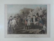 A framed and glazed hand coloured antique engraving of Washington et Rochambeau, 'Final Orders