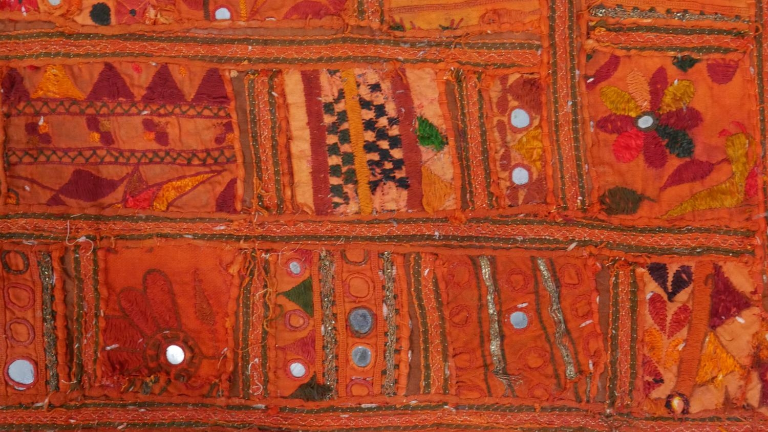 An Eastern bed covering or wall hanging with patchwork style design inset with mirrored discs. L.218 - Image 4 of 6