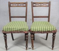 A pair of late 19th century mahogany bedroom chairs on turned tapering supports. H.87 W.48 D.50cm