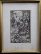 A framed and glazed watercolour, Eastern bathers in a stylised tropical forest setting, unsigned.