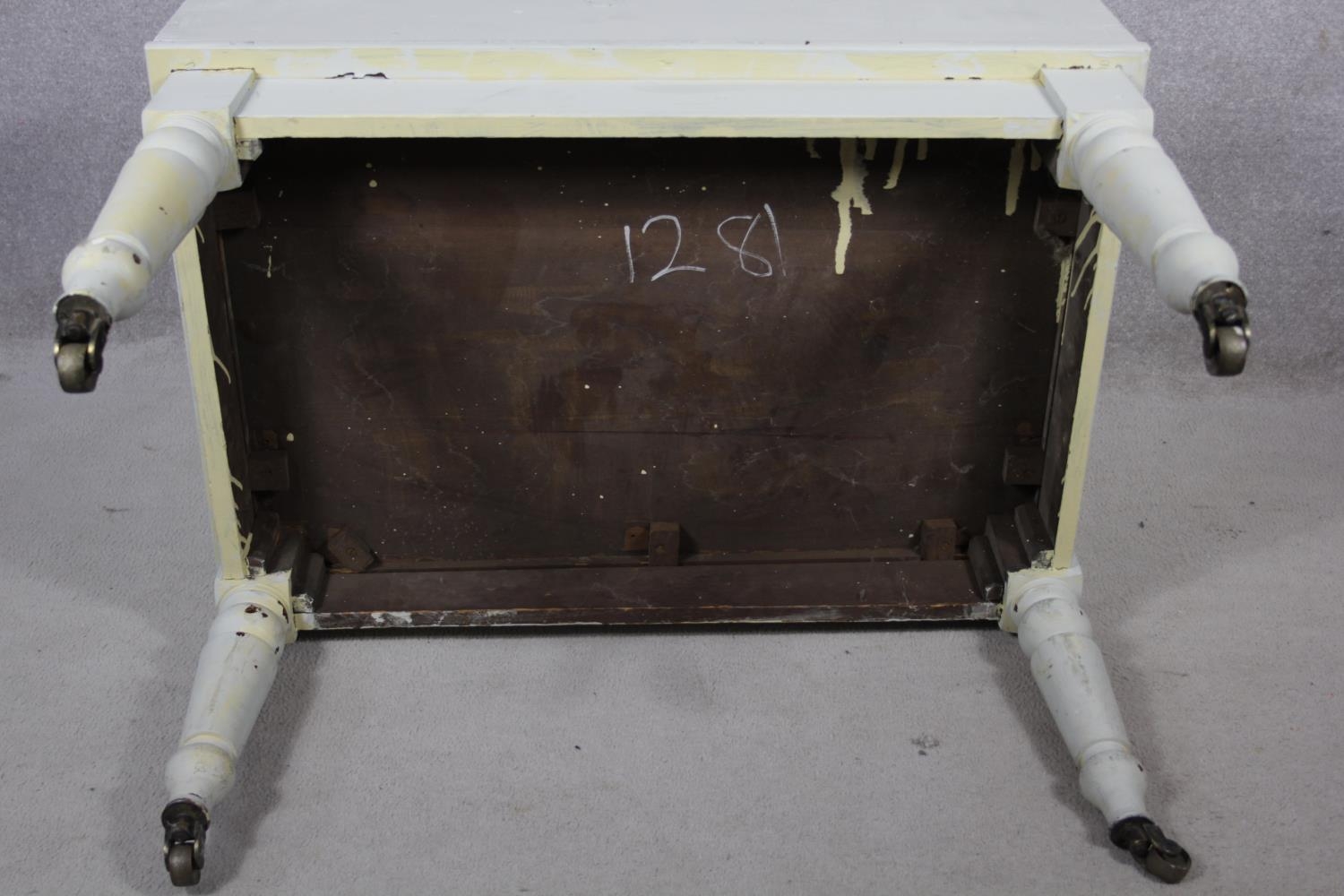 A 19th century white painted hall seat on turned tapering supports. H.80 W.90 D.60cm - Image 10 of 11