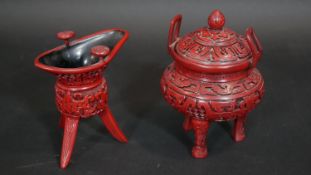 A Chinese carved cinnabar lacquer jue cup and a similar lidded urn. H.16cm (Tallest)