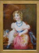 After Sir George Hayter, a 19th century miniature watercolour portrait, Louisa E. Ramsden, label