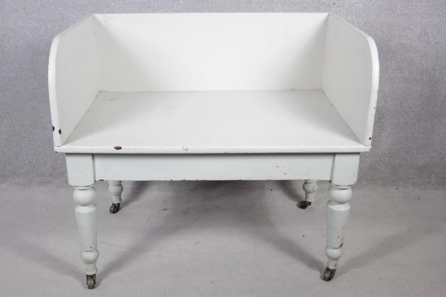 A 19th century white painted hall seat on turned tapering supports. H.80 W.90 D.60cm - Image 2 of 11