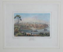 A framed and glazed antique hand coloured engraving by Onken and Laer of a hillside view of