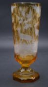 A Bohemian Moser style amber engraved glass vase with stags, pheasant and trees. H.21.5cm