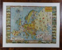 A framed and glazed vintage coloured jigsaw puzzle of 'Mappa de Europa' trajes tipicos banderas