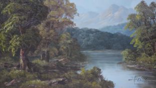 A framed oil on canvas depicting a river landscape with mountains in the background. Signed T.