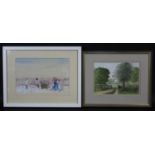 A watercolour, stylised late Victorian promenade scene with figures and another watercolour, rural