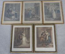 Five framed and glazed antique hand coloured engravings of various scenes from Hogarth's 'Cries of