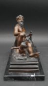 A 19th century bronze of Tiber, reclining with a putti, mounted on a black marble base, signed