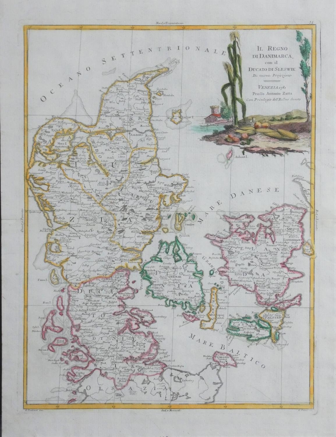 A framed and glazed 18th century antique map of Denmark. Titled 'Il Regno di Danimarca, con il