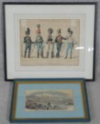 Two framed and glazed antique hand coloured military engravings. One of various styles of French