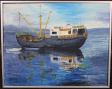 An oil on board, fishing trawler at anchor, indistinctly signed. H.41 W.51cm