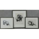 Three framed and glazed charcoal animal studies, monogrammed AE. H.38 W.31cm