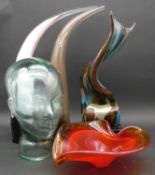 A collection of Studio Art Glass. To include a glass mannequin head, a Murano glass red and orange