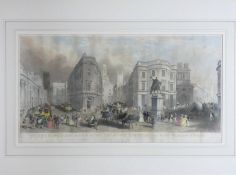 A framed and glazed antique hand coloured engraving of The Bank of England & Royal exchange,