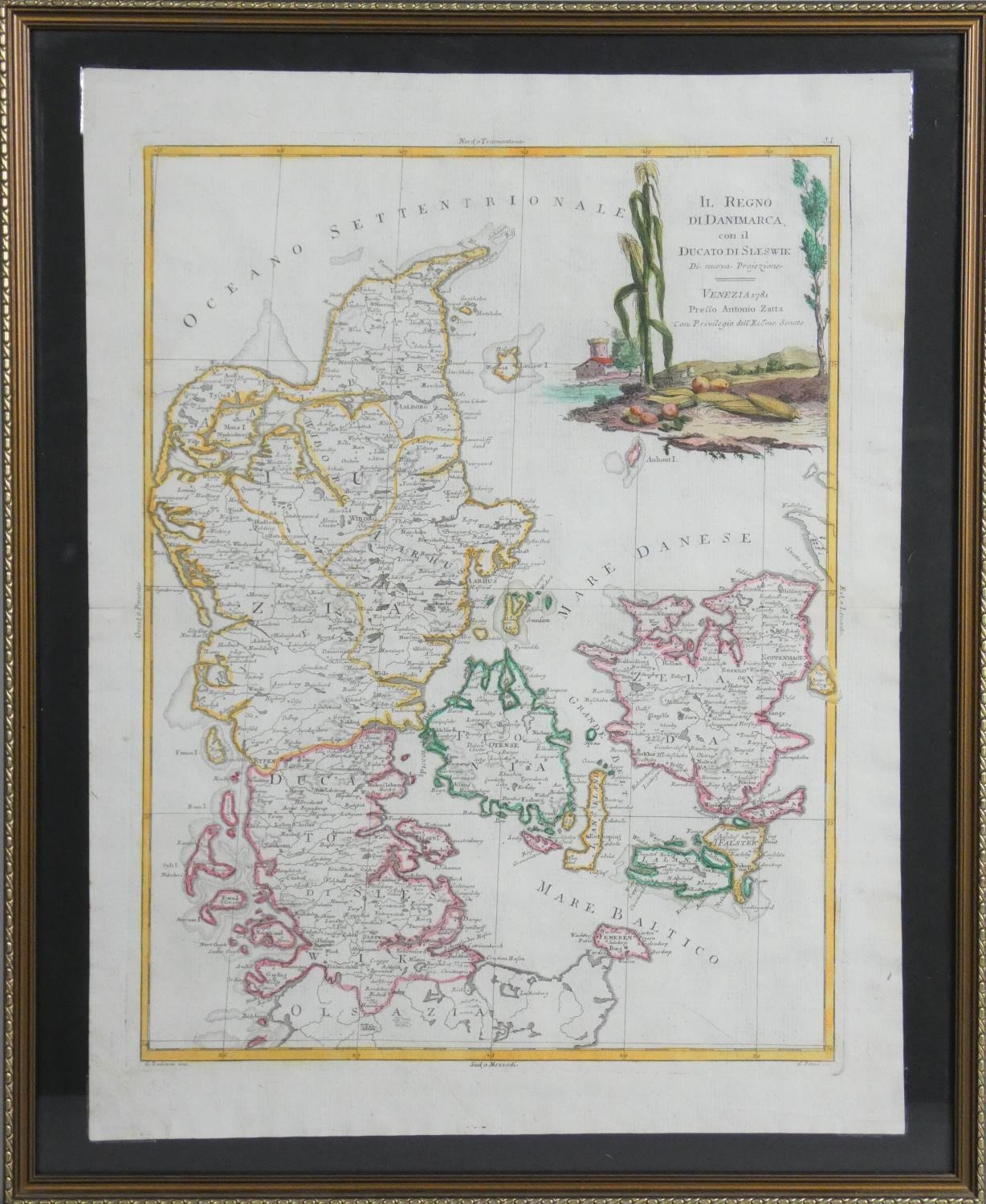 A framed and glazed 18th century antique map of Denmark. Titled 'Il Regno di Danimarca, con il - Image 2 of 13