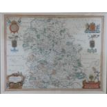 A framed and glazed antique hand coloured map of Shropshire. Comitatus Salopiensis, Shropshire. By