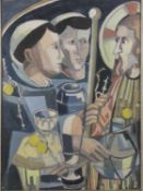 A gilt framed acrylic on paper, Cubist style religeous figural study, signed Caroline. H.84 W.63cm