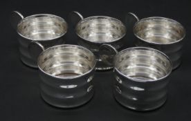 A set of five silver plated Art Deco style cup holders marked BMW to the base. Diameter 7cm,