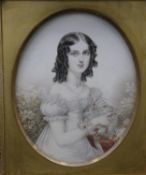 A 19th century watercolour portrait miniature, the Hon. Frederica Selina Law Rowe, label to the