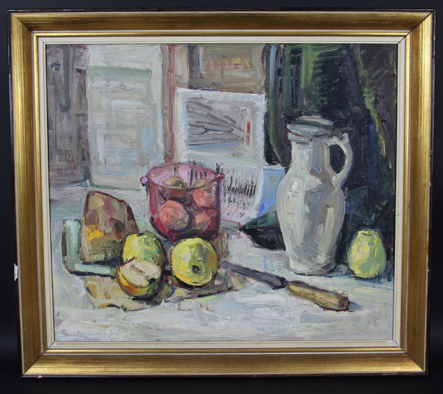 A gilt framed oil on board, Impressionist style still life, indistinctly signed and dated. H.71 W. - Image 5 of 6