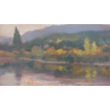 Gerard Erley, oil on board, river in a landscape, signed and titled to the reverse. H.29.5 W.35cm