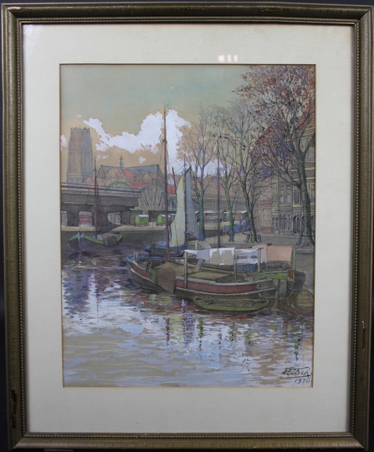 A framed and glazed watercolour, barges by a quay, signed P Tack and dated 1950. H.60 W.48 - Image 5 of 6