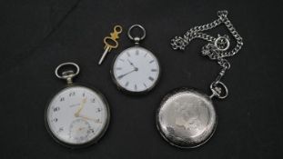 Three pocket watches. Including a silver plated Revue swiss made pocket watch with engraved